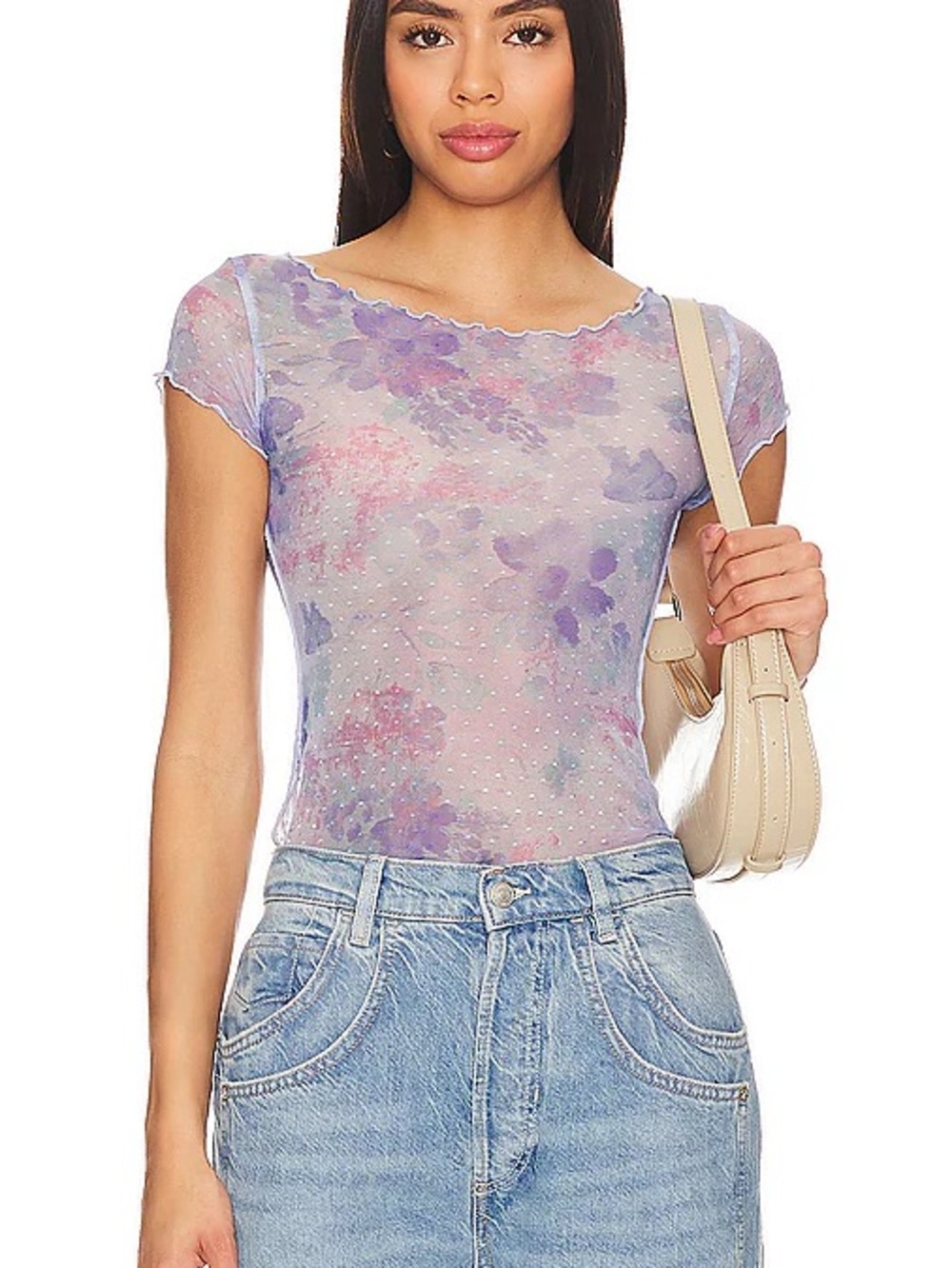 NWT FP Intimately On The Dot Floral Mesh Textured Baby Tee M Spring Rain Combo